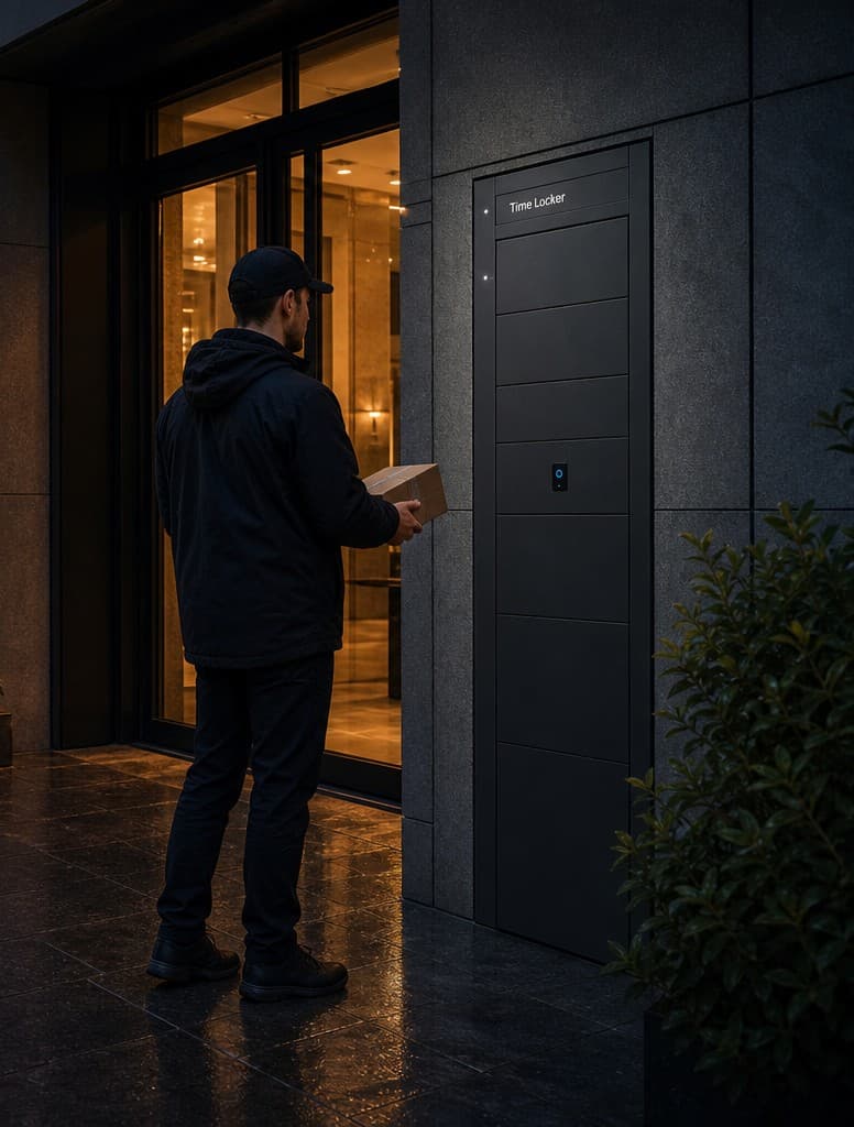 Courier with a parcel at a Time Locker at night