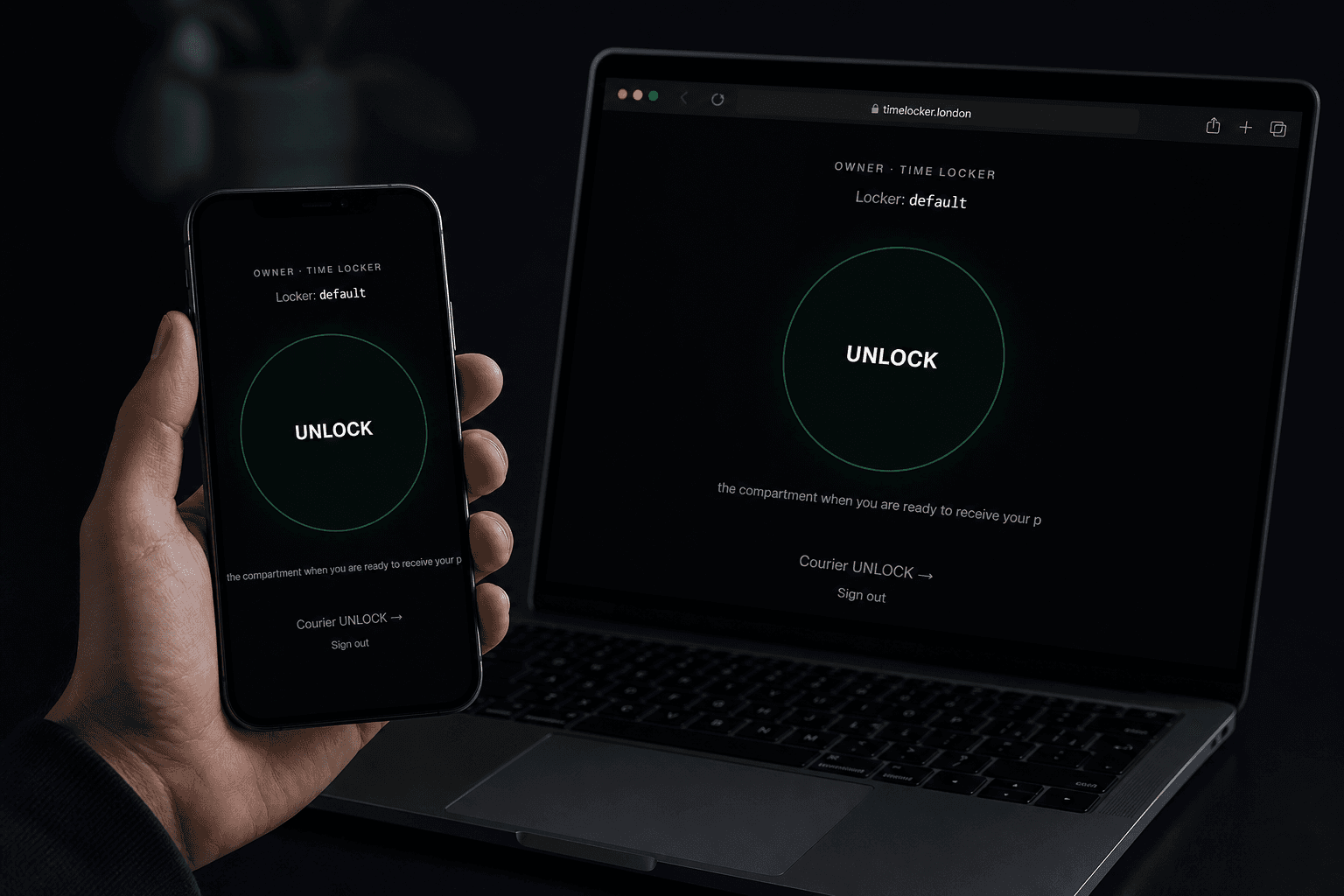 Time Locker app on phone and desktop — owner unlock screen with compartment authorization