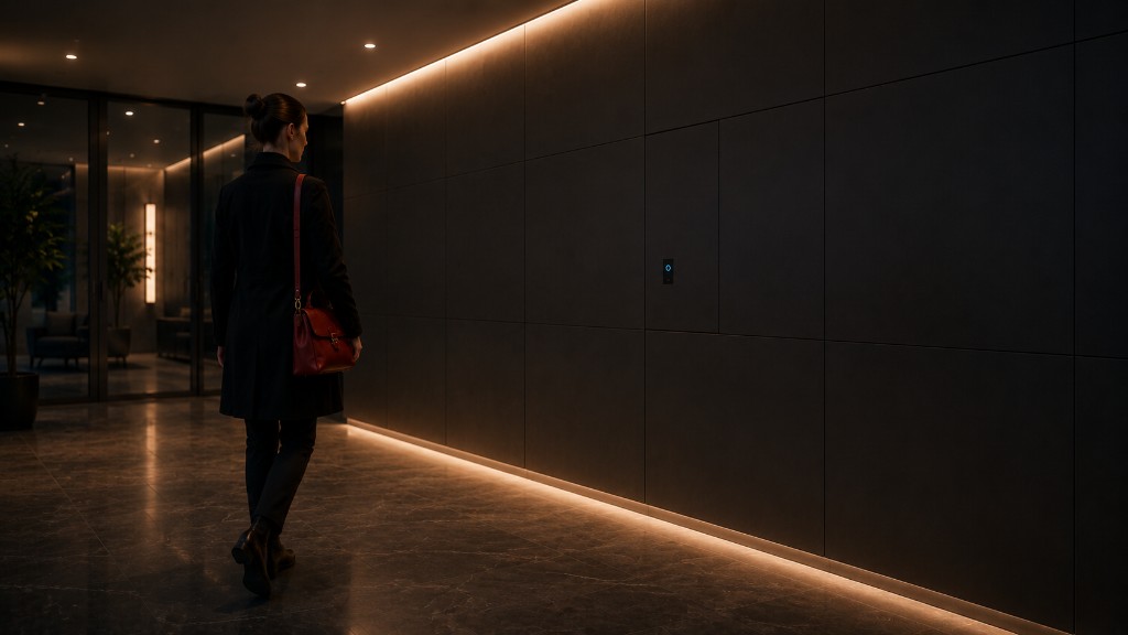 Resident approaching an integrated Time Locker wall in a premium interior