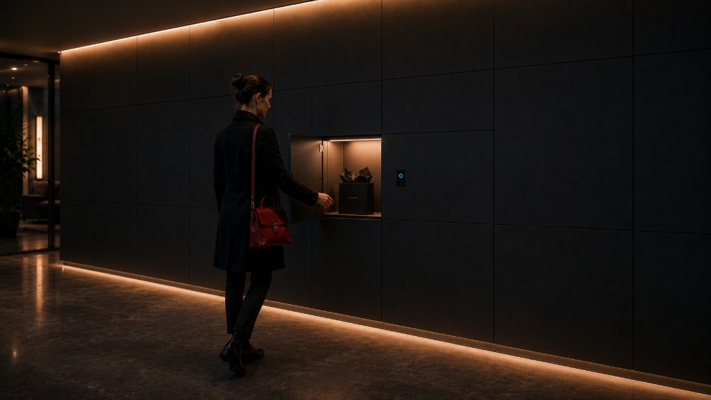 Resident retrieving a secured delivery from an illuminated locker compartment