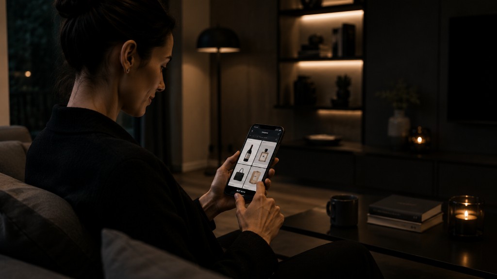 Person browsing a digital product catalog on a phone at home