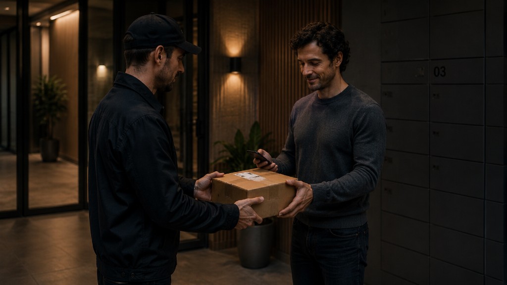 Neighbor receiving a package from a courier as Soft Point