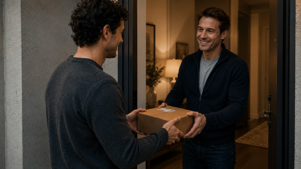 Neighbor delivering a package to the resident at their door