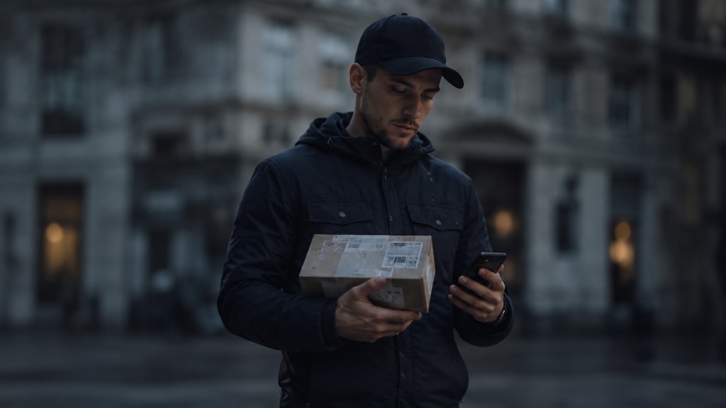 Urban delivery problem — courier at night with parcel and phone