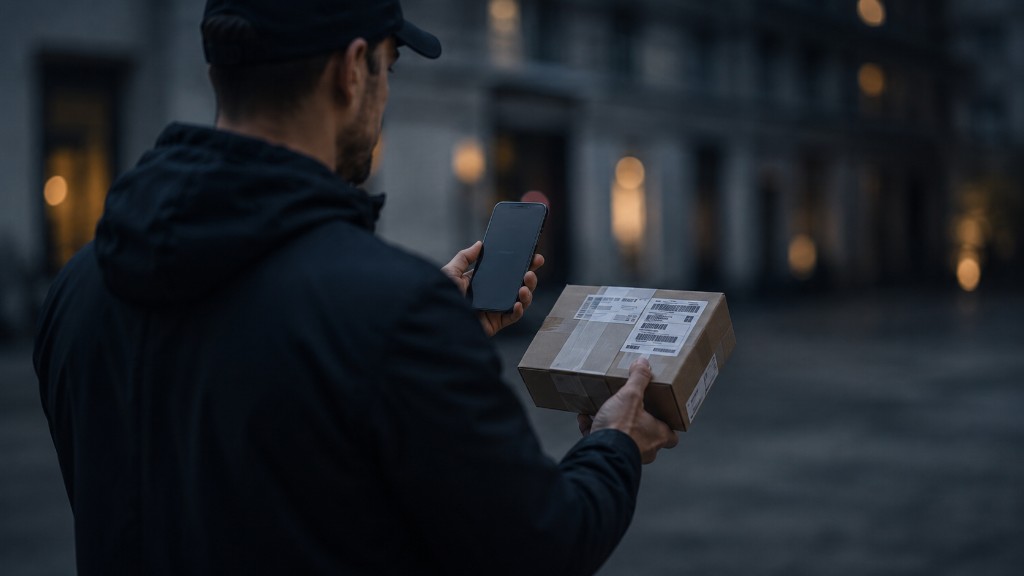 Courier on a night route with parcel and smartphone