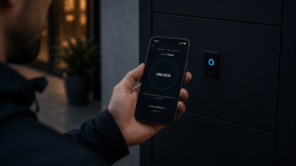 Owner unlocking locker from phone with compartment open