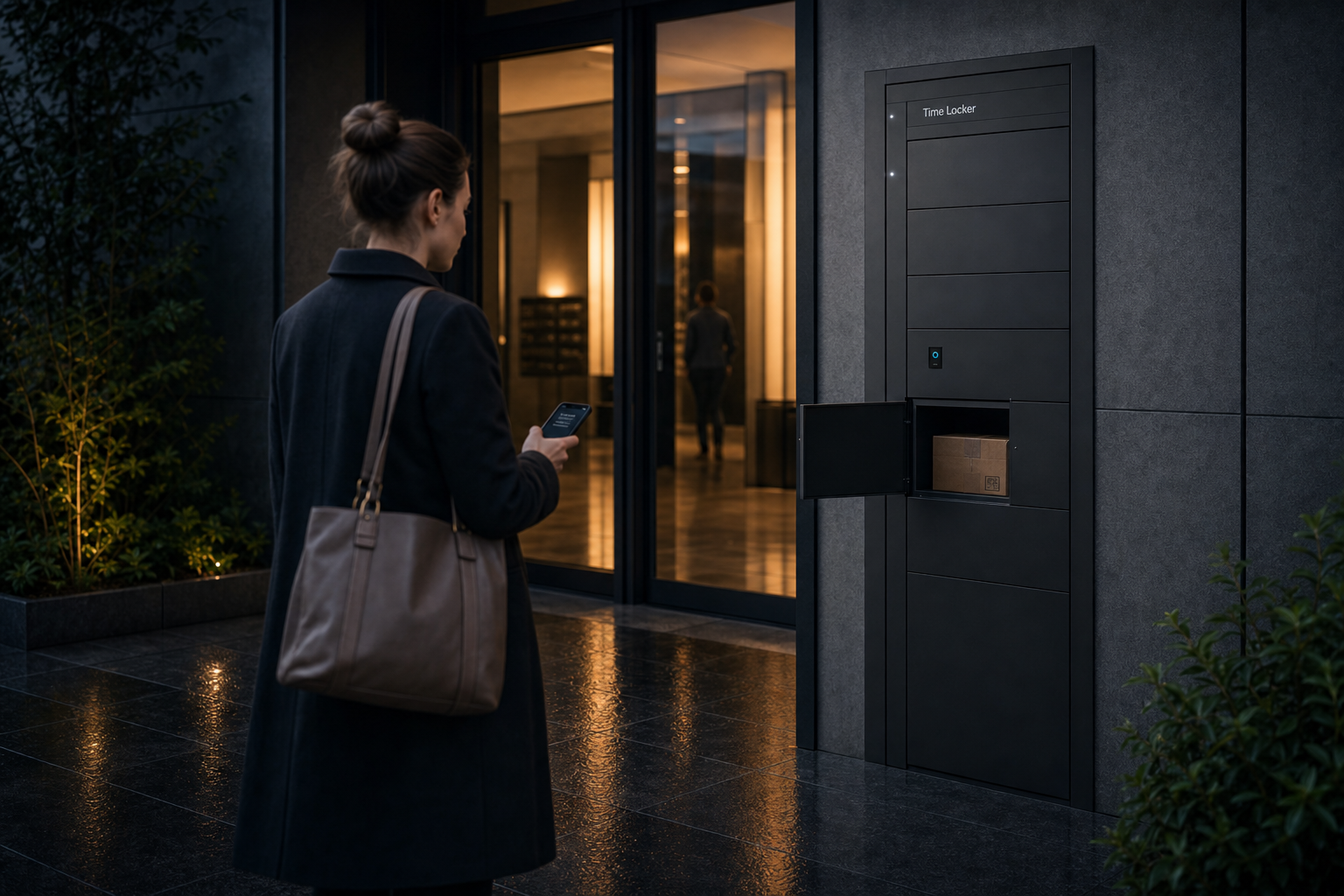Resident using the Time Locker app at a smart parcel locker in a modern building lobby
